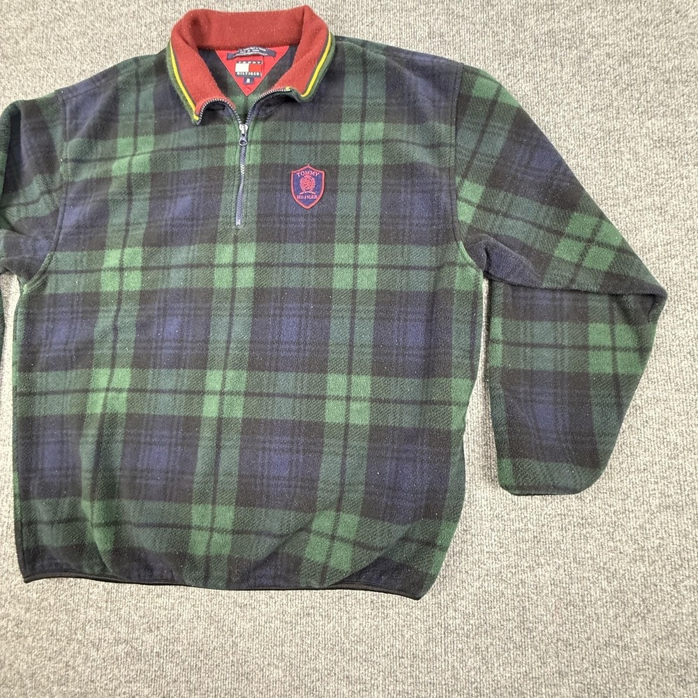 Vintage Tommy Hilfiger Sweater Mens 2XL Green Plaid Fleece 1/4 Zip Pullover 90s - Picture 3 of 10